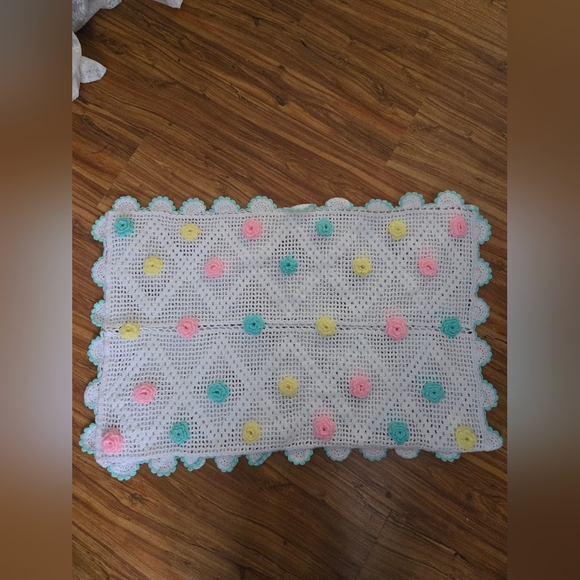 Vintage Hand-Crocheted Wool Blend Pillow Sham | Pastel Rosette Floral - Picture 2 of 6